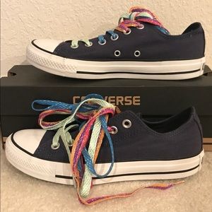 Navy Converse shoes with 3 Sparkly Colorful Laces